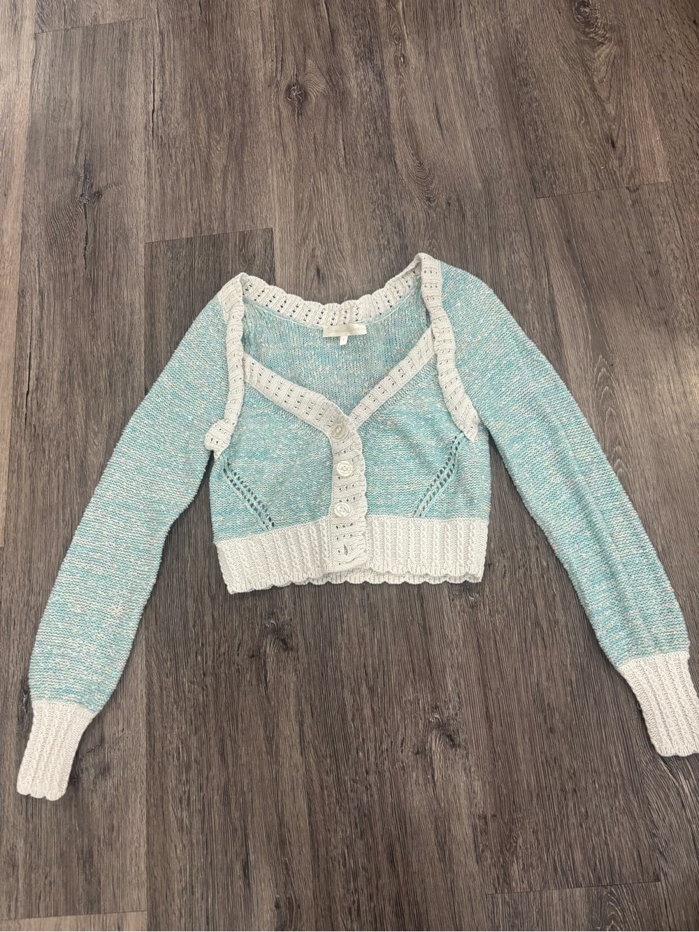 LoveShackFancy Cropped Aqua and Cream V‑Neck Cardigan